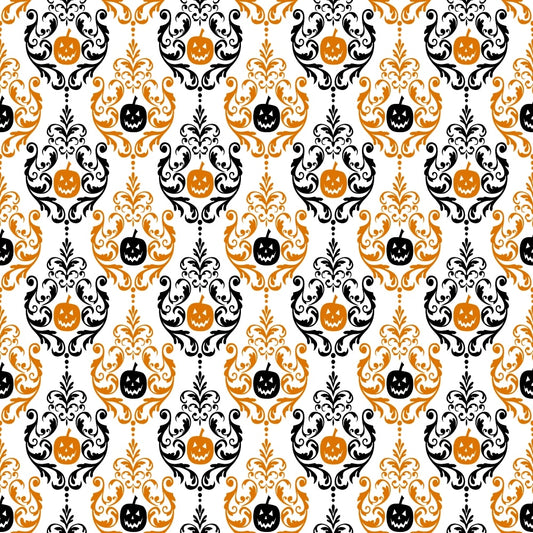 A repeating pattern of ornate black floral designs with orange Halloween pumpkins featuring carved faces, set against a white background.