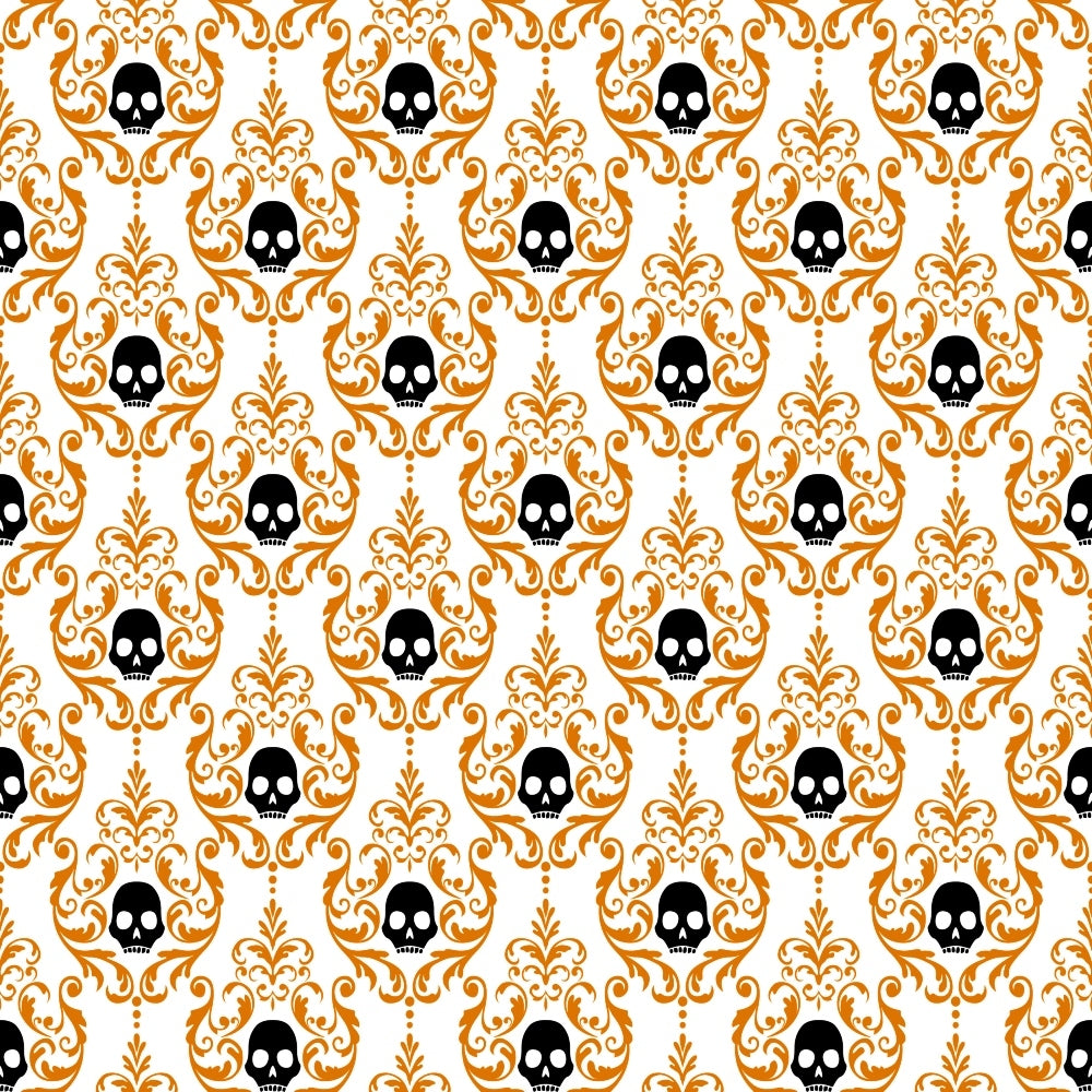 orange, black, white, skulls, damask pattern, baroque scrollwork, ornate flourishes, gothic motif, halloween theme, spooky design, repeating pattern, quilting cotton, fabric panel, decorative swirls, elegant gothic, seasonal fabric, contrast colors, symmetrical design, victorian inspired