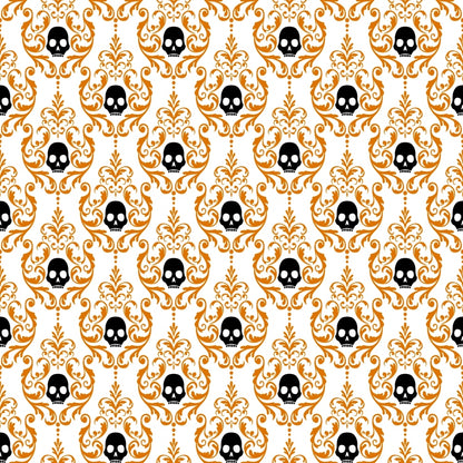 orange, black, white, skulls, damask pattern, baroque scrollwork, ornate flourishes, gothic motif, halloween theme, spooky design, repeating pattern, quilting cotton, fabric panel, decorative swirls, elegant gothic, seasonal fabric, contrast colors, symmetrical design, victorian inspired