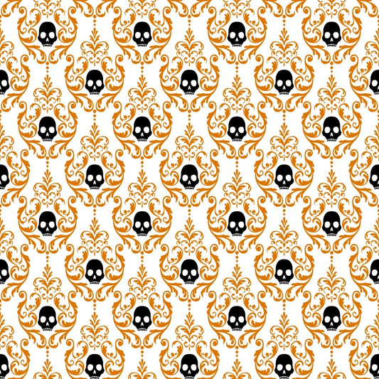 Ornate pattern with black skulls and gold floral designs on a white background. Repeated elements form a symmetrical arrangement.