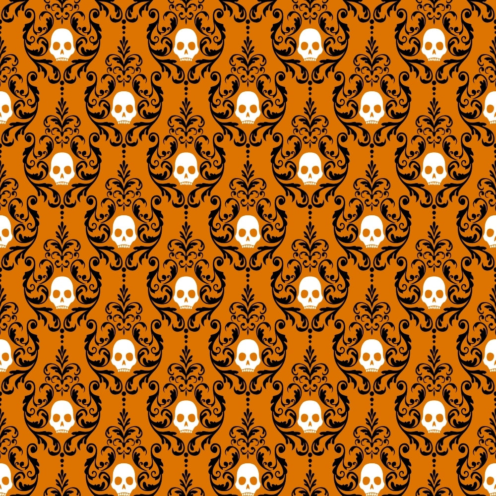 Orange and black pattern with ornate swirls and white skulls repeated throughout.