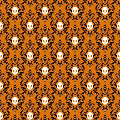 Orange and black pattern with ornate swirls and white skulls repeated throughout.