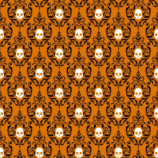 Orange and black pattern with ornate swirls and white skulls repeated throughout.