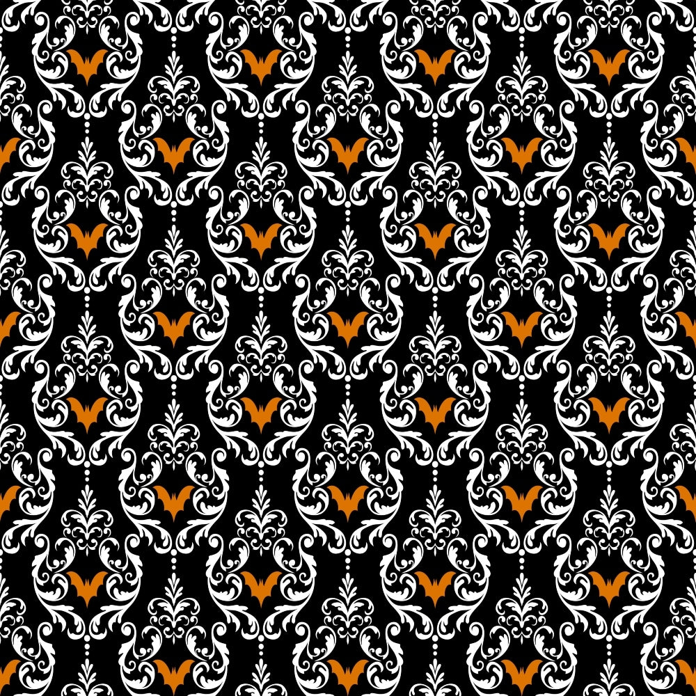 A repeating ornate pattern with white floral designs and orange accents on a black background.