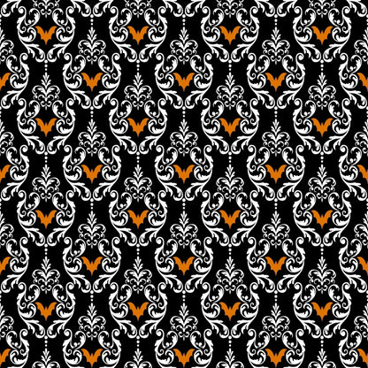 A repeating ornate pattern with white floral designs and orange accents on a black background.