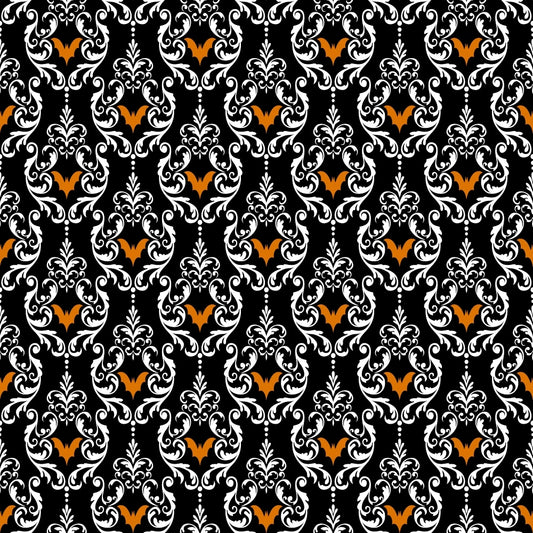 A repeating ornate pattern with white floral designs and orange accents on a black background.