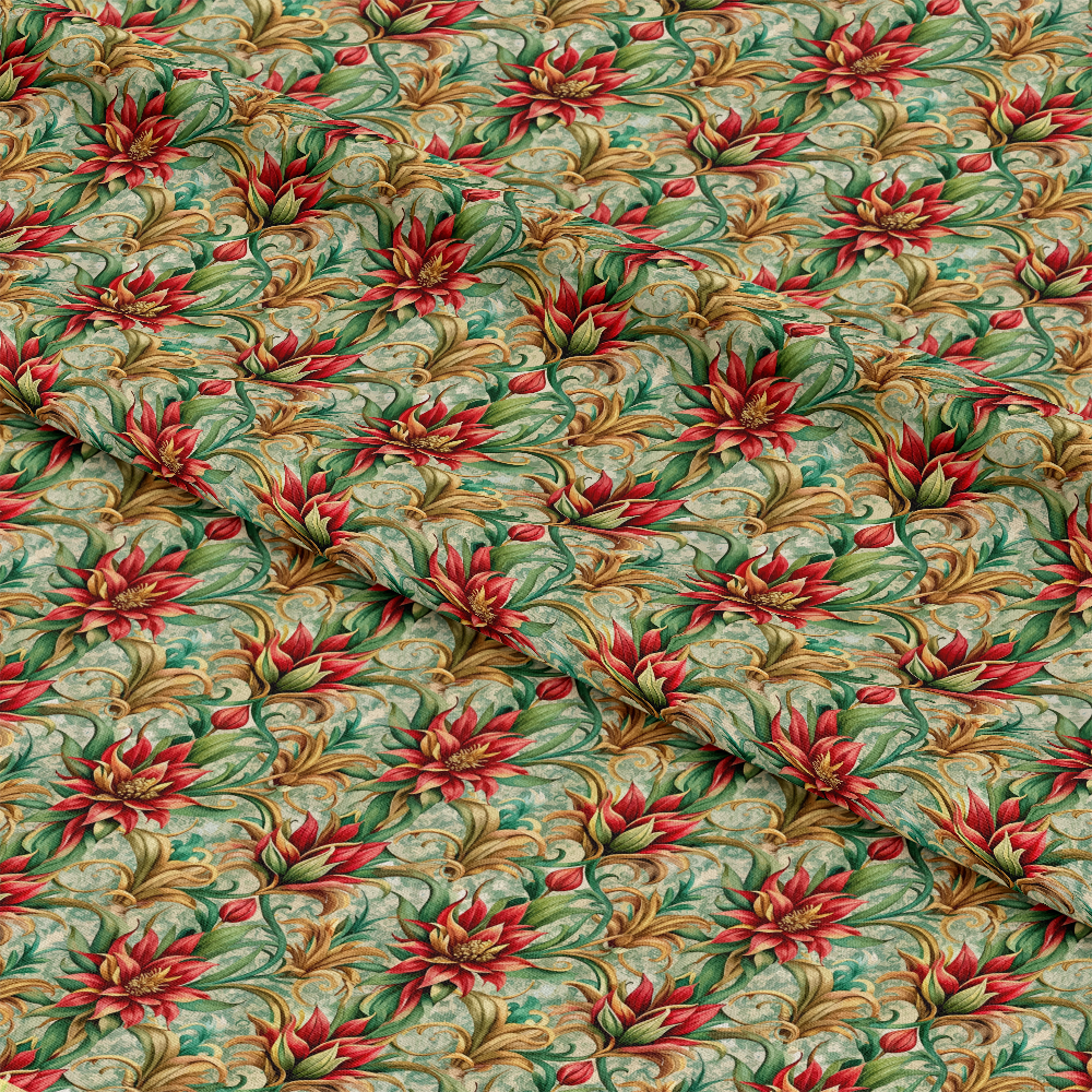 A close-up of fabric with a repeating floral pattern featuring red and gold flowers and green leaves on a muted green background, shown with gentle folds to display texture.