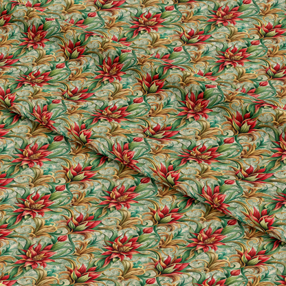 A close-up of fabric with a repeating floral pattern featuring red and gold flowers and green leaves on a muted green background, shown with gentle folds to display texture.