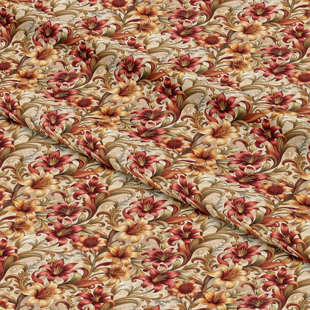 A close-up of folded fabric with an intricate floral pattern in shades of beige, brown, red, and gold. The design features large flowers and leaves, creating a dense, ornate appearance.