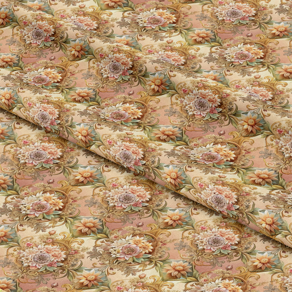 A patterned fabric featuring a repeated floral design in muted tones of pink, beige, green, and brown. The fabric is folded, creating soft diagonal creases across the image.