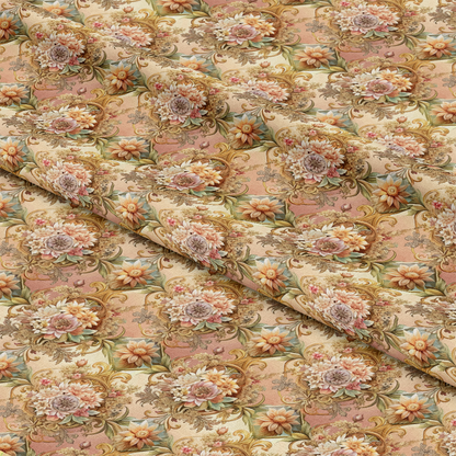 A patterned fabric featuring a repeated floral design in muted tones of pink, beige, green, and brown. The fabric is folded, creating soft diagonal creases across the image.