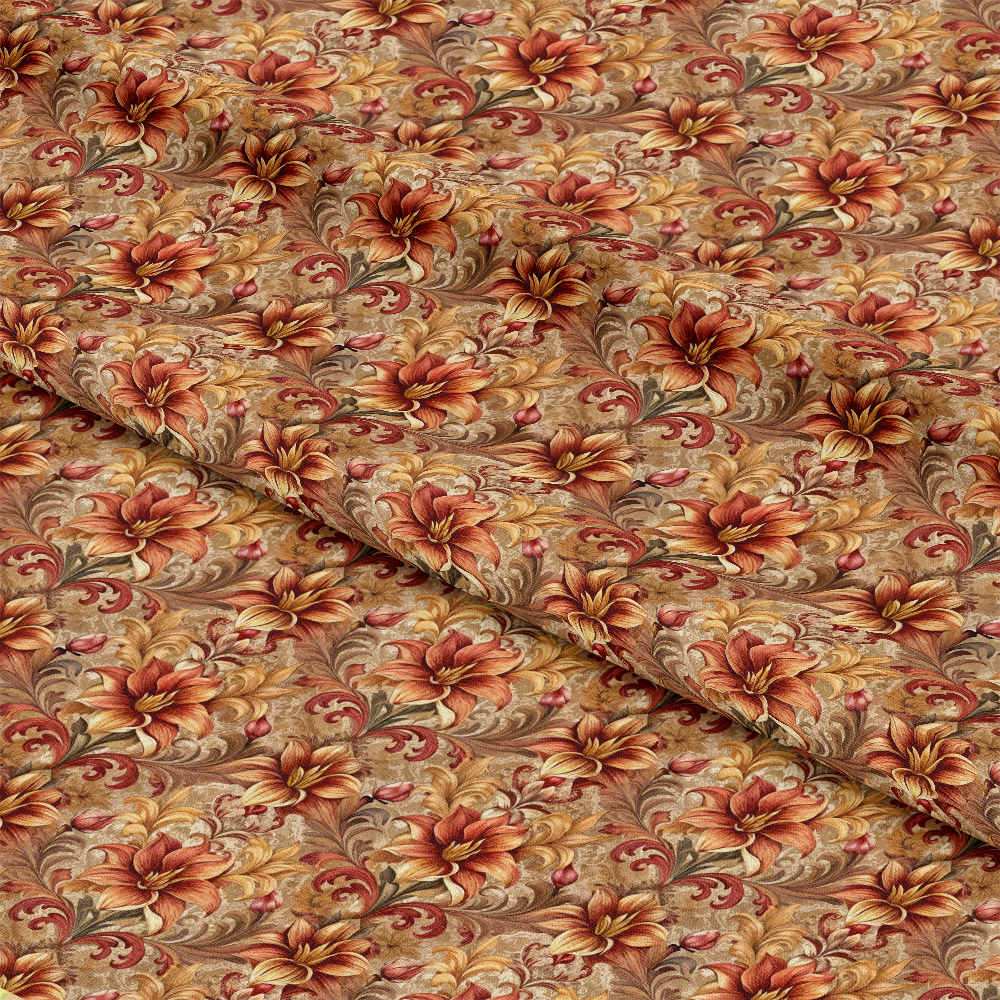 A close-up of fabric with an intricate floral pattern in shades of brown, orange, and gold. The design features large flowers, green leaves, and swirling vines on a textured background with fabric folds visible.