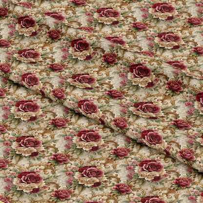 - Baroque Florals Pattern 154 Quilting Cotton Fabric  
- vintage floral design  
- ornamental roses  
- red, cream, beige, green tones  
- elegant scrolls  
- classic bouquet  
- quilting fabric  
- cotton material  
- decorative textile  
- traditional floral motif