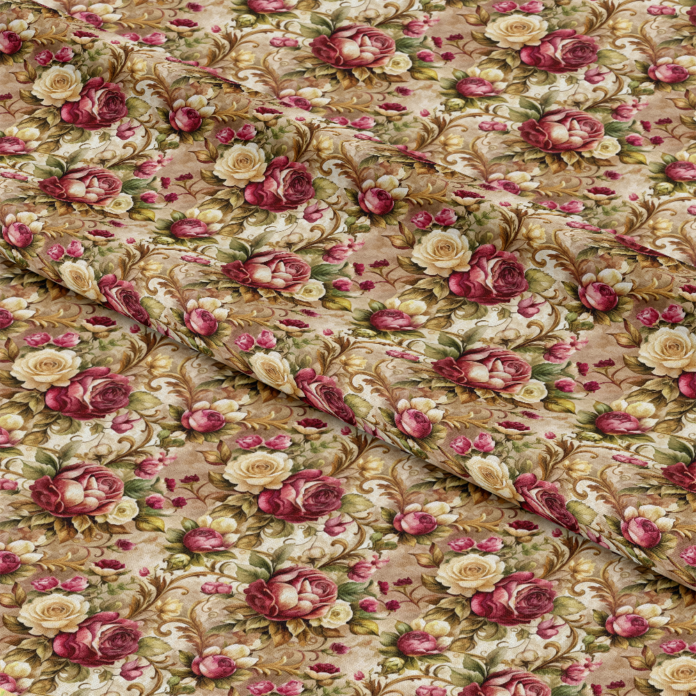 - Baroque Florals Pattern 153 Quilting Cotton Fabric  
- Floral  
- Vintage  
- Classic  
- Roses  
- Burgundy  
- Cream  
- Beige  
- Green leaves  
- Decorative  
- Textile  
- Quilting  
- Cotton  
- Soft  
- Elegant  
- Ornate  
- Timeless  
- Fabric design