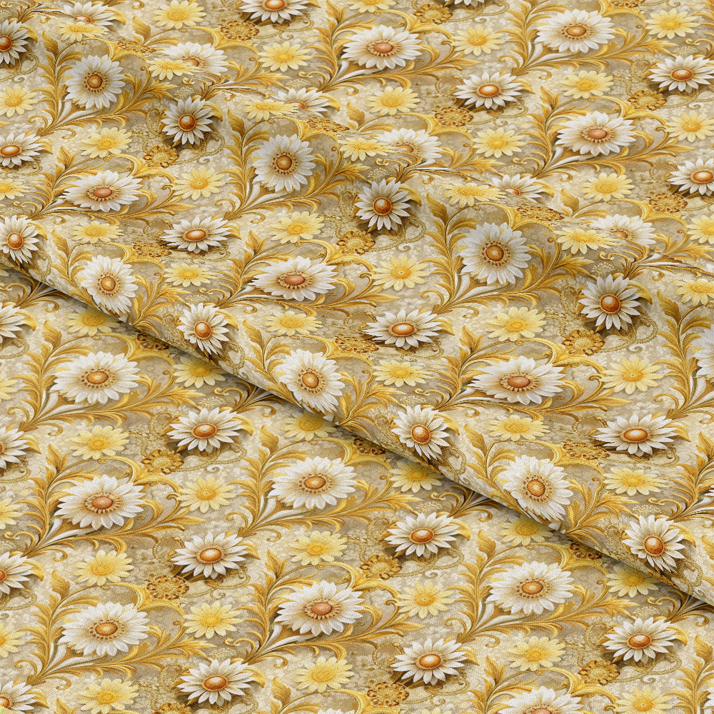 A close-up view of yellow and white daisy flowers with green leaves printed on folded fabric, featuring a repeating floral pattern on a light yellow background.