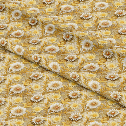 A close-up view of yellow and white daisy flowers with green leaves printed on folded fabric, featuring a repeating floral pattern on a light yellow background.