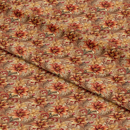 A close-up view of fabric featuring an intricate floral pattern in shades of brown, gold, and rust. The fabric is slightly folded, displaying repeated flowers and leaves in a vintage style.