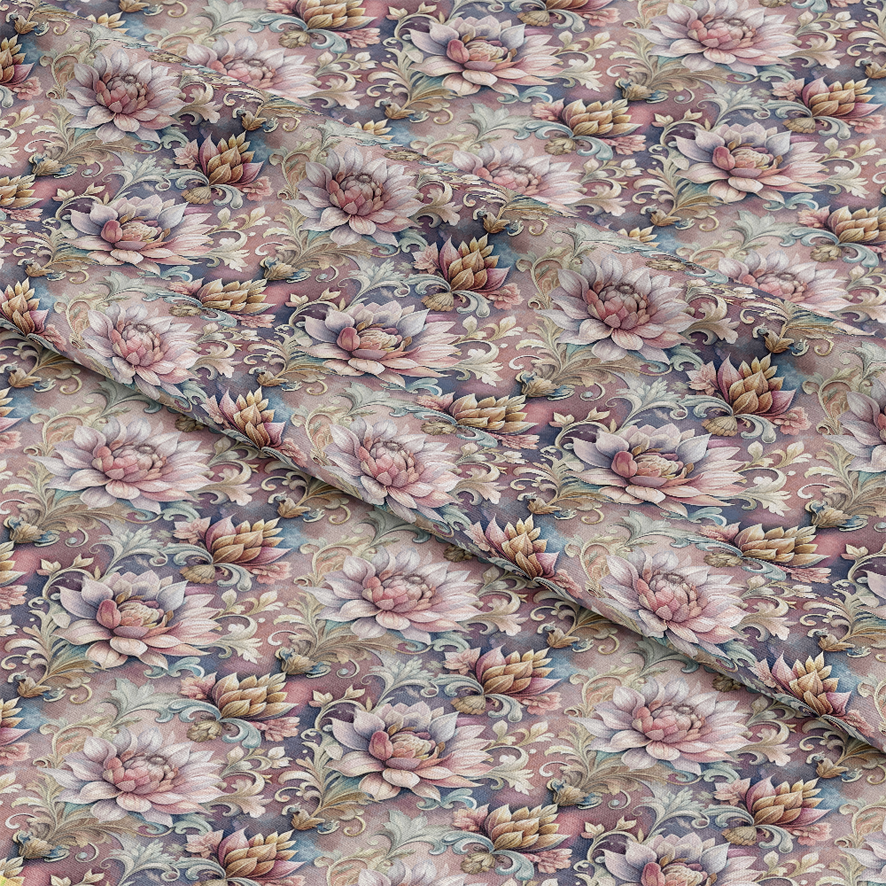 A close-up of fabric featuring a repeating floral pattern with large pastel flowers, leaves, and vines in shades of pink, purple, and green on a light mauve background. The fabric is shown with gentle folds.