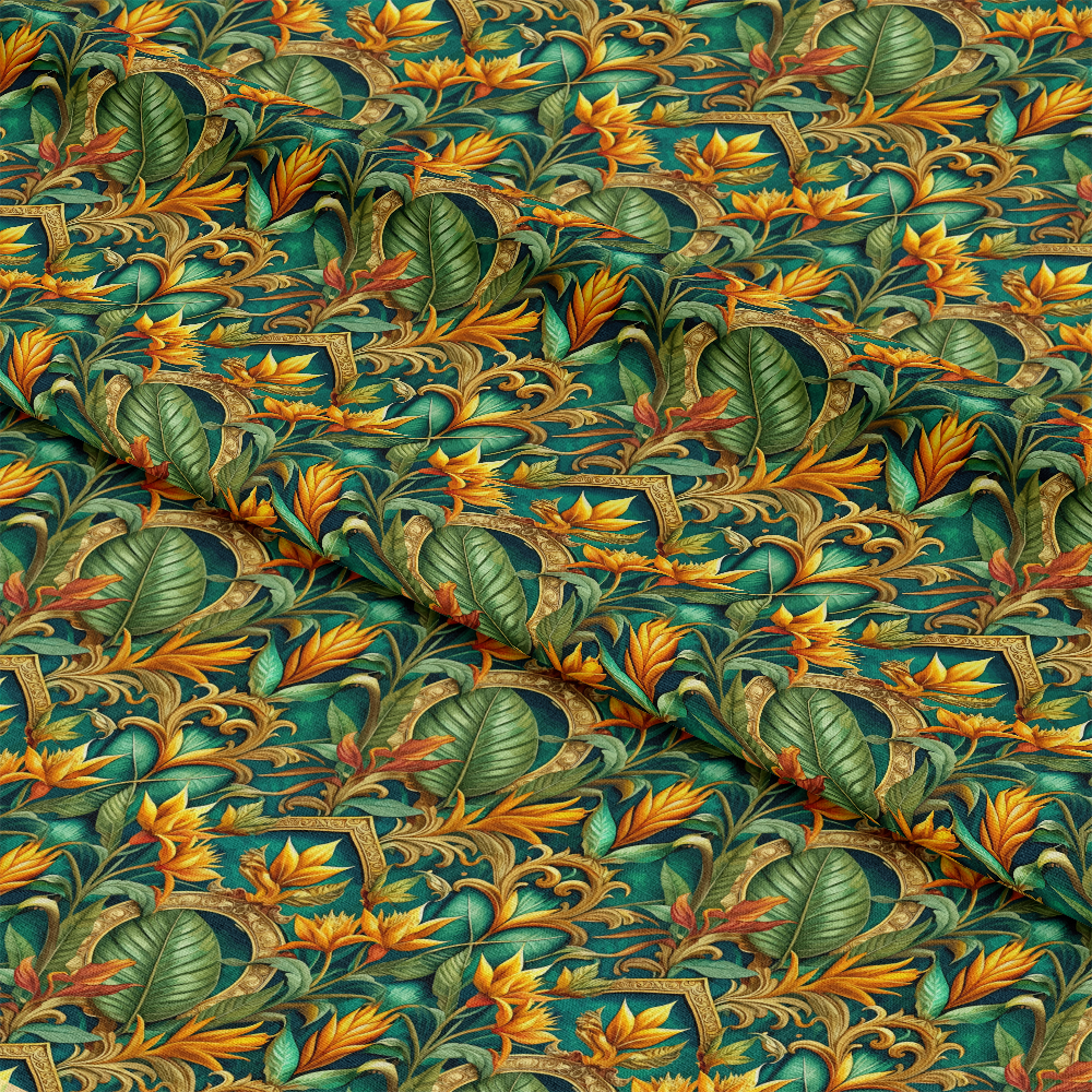 A detailed fabric with a botanical pattern featuring large green leaves and yellow flowers on a green background. The material is slightly folded, showing depth and texture in the design.