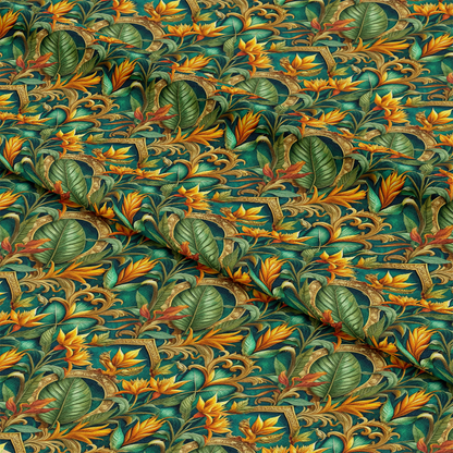 A detailed fabric with a botanical pattern featuring large green leaves and yellow flowers on a green background. The material is slightly folded, showing depth and texture in the design.