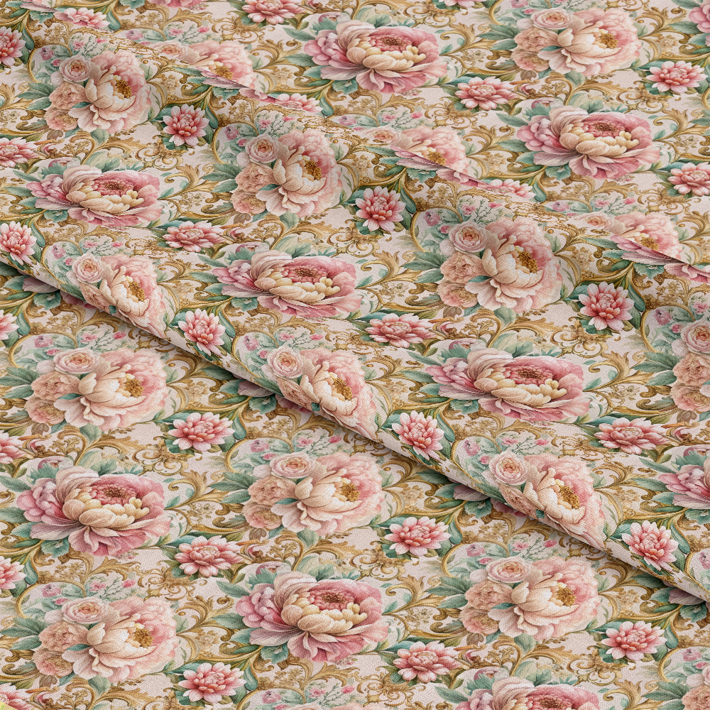 A folded fabric with an ornate floral pattern featuring pink and ivory peonies, green leaves, and gold scrollwork on a cream background. The fabric is layered, showing repeating detailed designs.