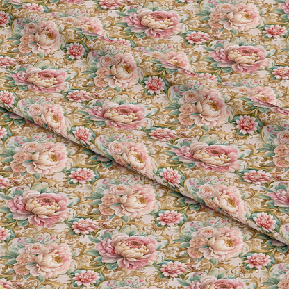 A folded fabric with an ornate floral pattern featuring pink and ivory peonies, green leaves, and gold scrollwork on a cream background. The fabric is layered, showing repeating detailed designs.