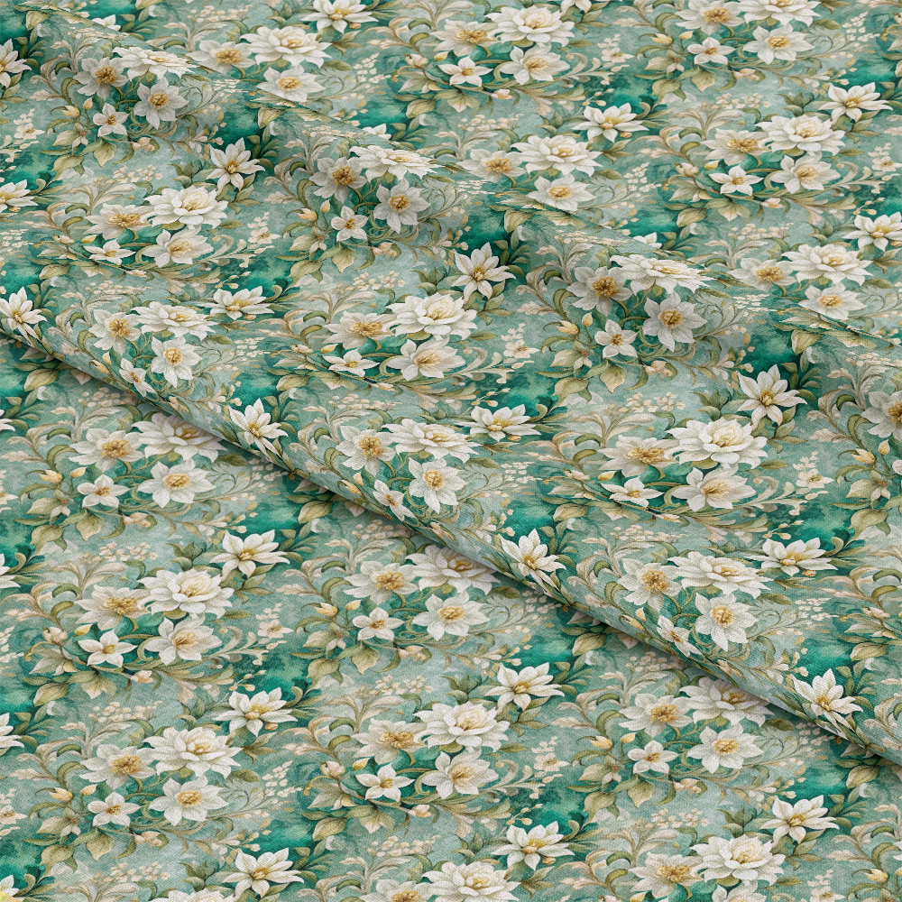 Green fabric with a repeating pattern of white flowers and light green leaves, shown with slight folds to display the texture and design of the material.