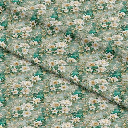 Green fabric with a repeating pattern of white flowers and light green leaves, shown with slight folds to display the texture and design of the material.