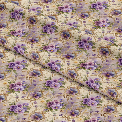 A close-up of fabric with a repeating pattern of purple and lavender flowers, green leaves, and gold accents on a beige background. The fabric is folded, showing the continuous floral design.