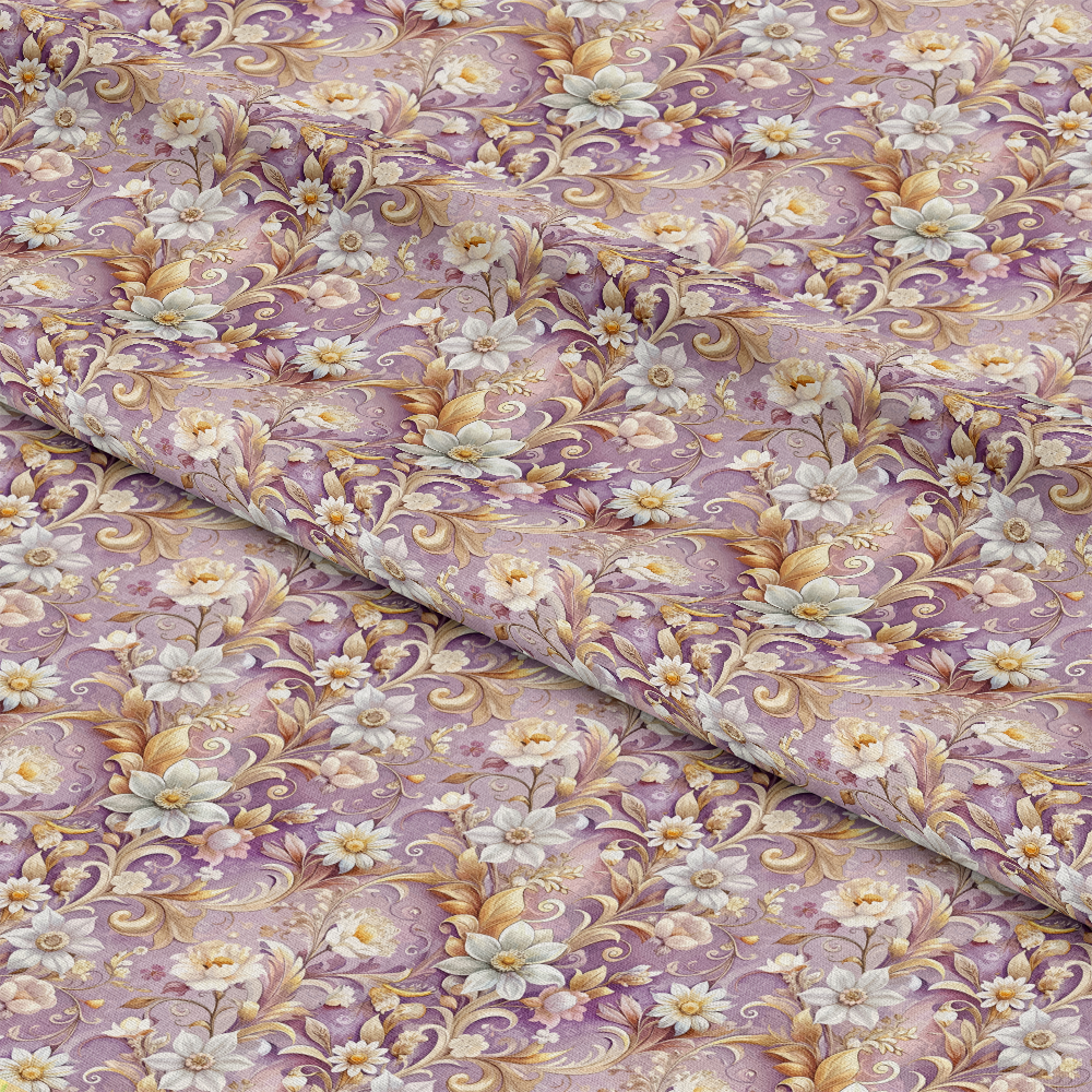 Purple fabric with a repeating floral pattern featuring white flowers, green leaves, and gold decorative swirls. The fabric is slightly folded, showing the design from multiple angles.