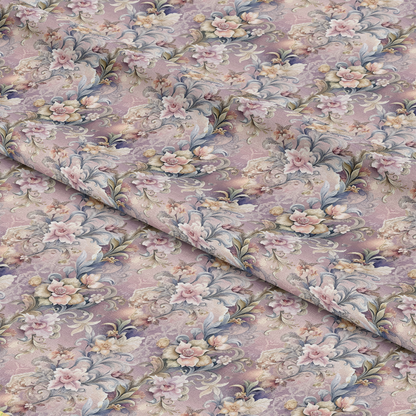 A close-up view of folded fabric with a detailed floral pattern featuring pink, purple, and light blue flowers and green leaves on a muted lavender background. The fabric has a vintage, ornamental style.