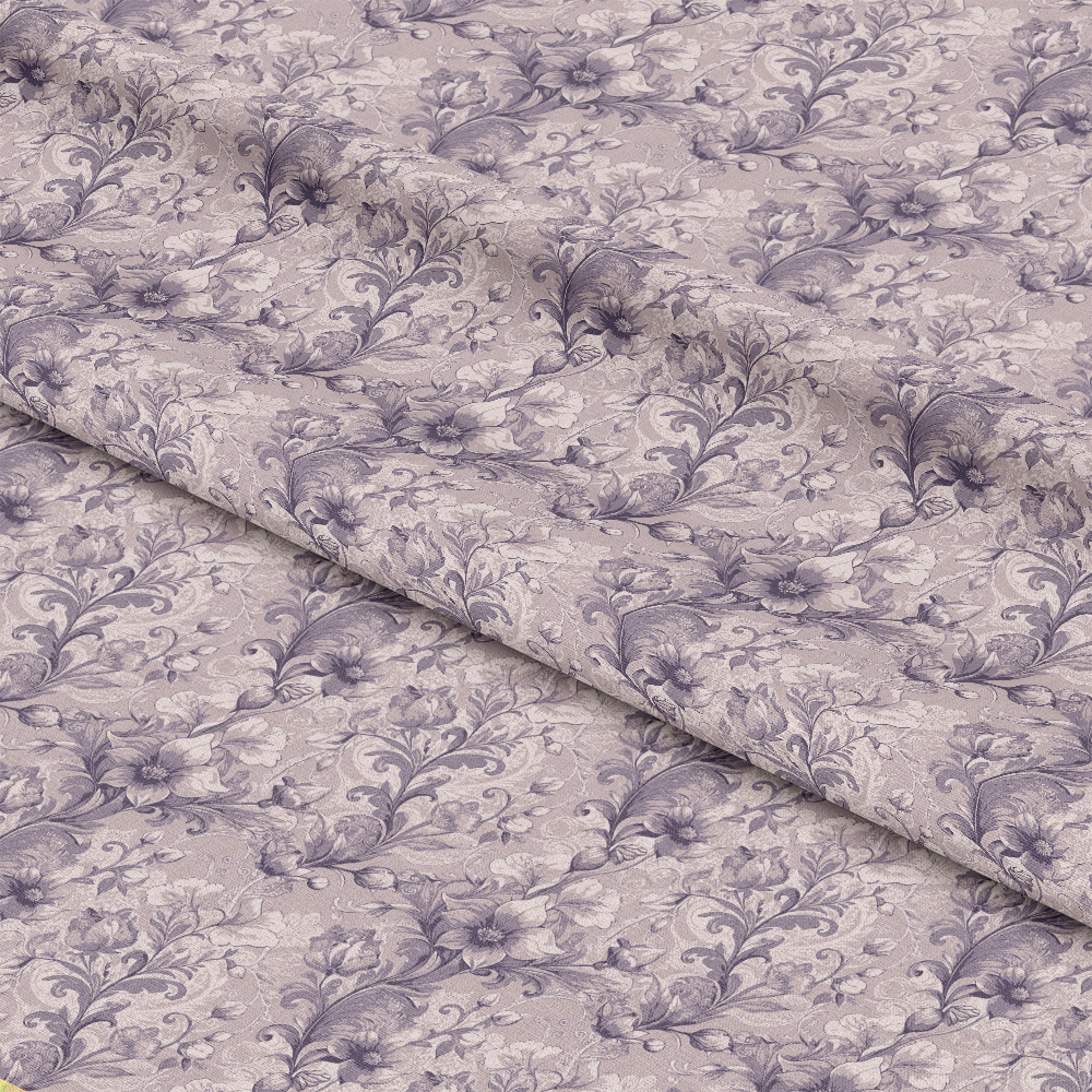 Folded fabric with a light purple floral and leaf pattern. The design features intricate, swirling vines and flowers evenly distributed across the surface. The fabric has visible creases indicating it has been folded.