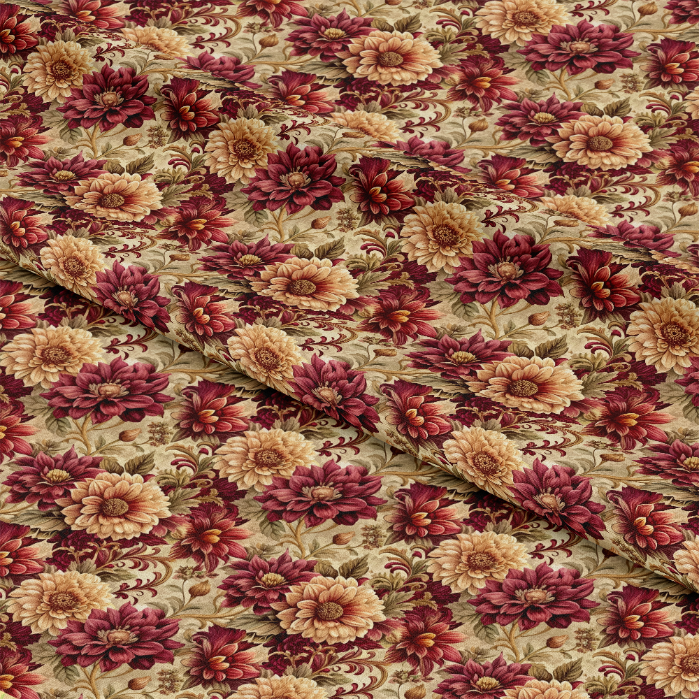 A patterned fabric with overlapping folds, featuring a dense floral design in shades of red, burgundy, beige, and green on a light background. The flowers and leaves are closely arranged, creating a rich, vintage look.