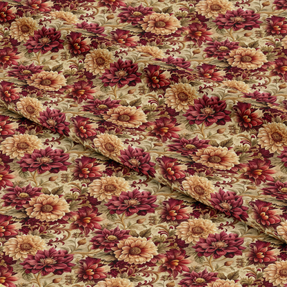 A patterned fabric with overlapping folds, featuring a dense floral design in shades of red, burgundy, beige, and green on a light background. The flowers and leaves are closely arranged, creating a rich, vintage look.