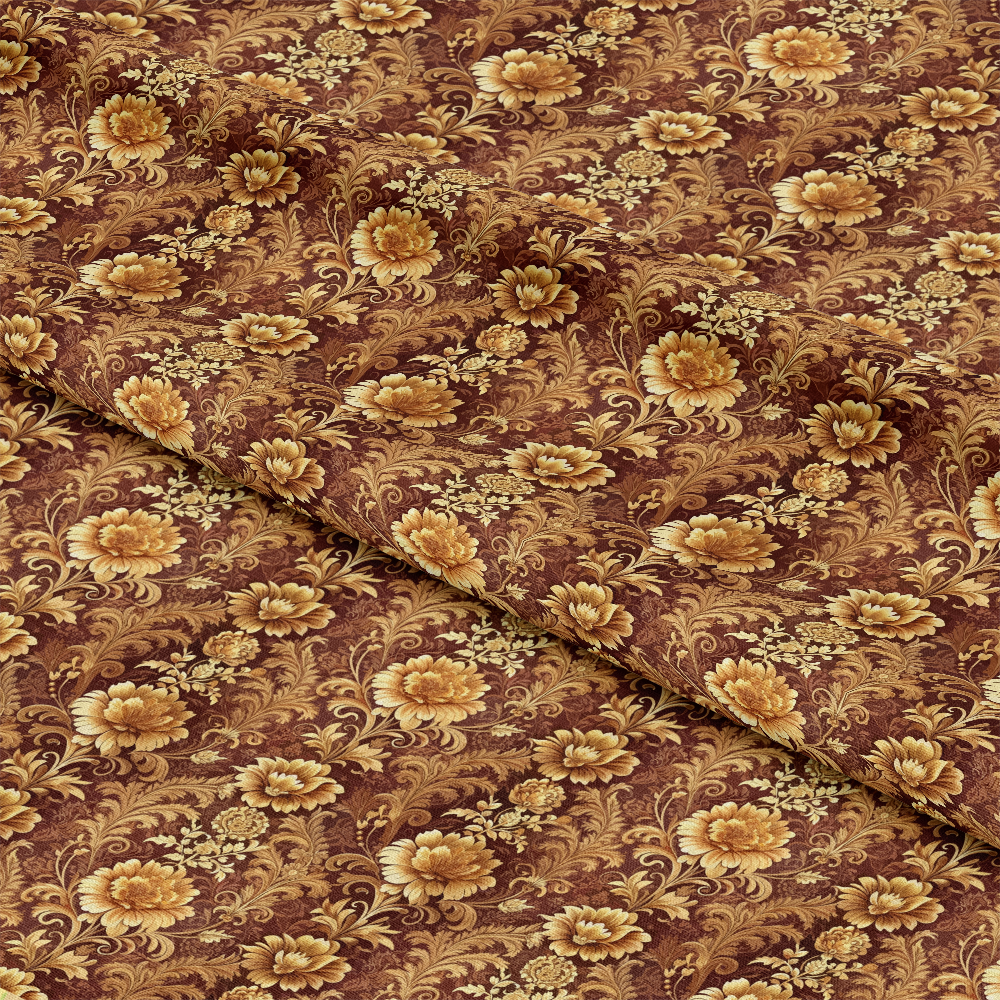 A close-up of fabric with a detailed floral pattern in shades of brown and gold. The fabric is slightly folded, showing intricate flowers and leaves on the surface.