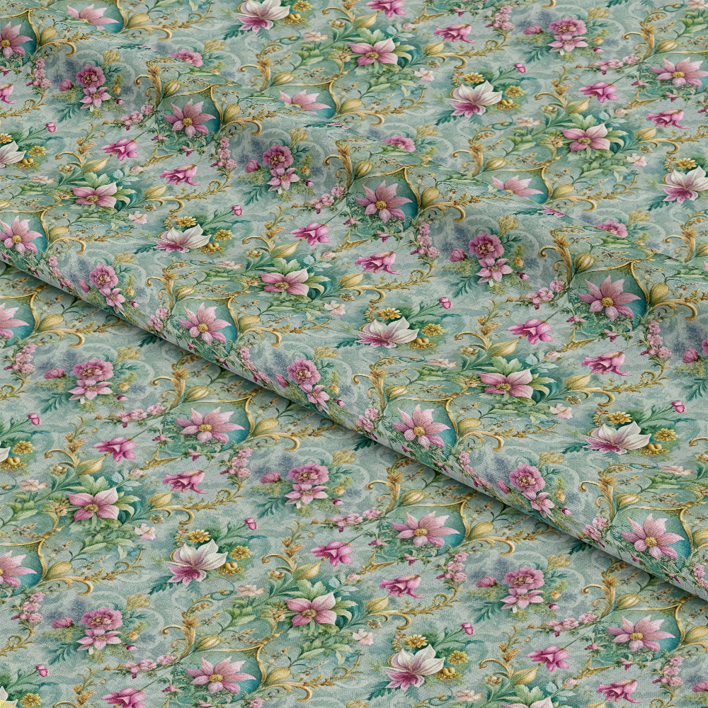 A close-up of patterned fabric with a repeating floral design featuring pink, white, and purple flowers with green vines and leaves on a light blue background. The fabric is slightly folded.