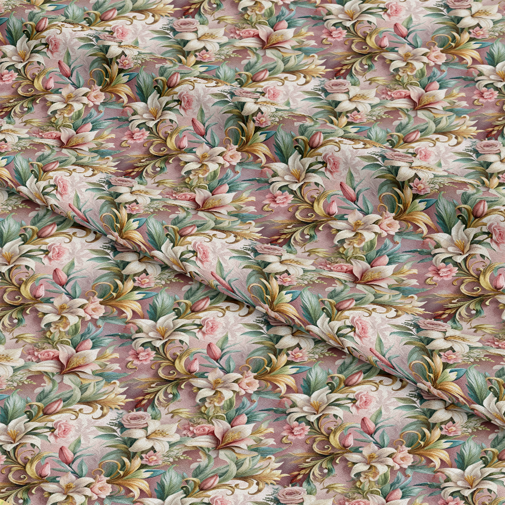 A close-up of ornate, floral-patterned fabric with pink, cream, and green flowers and leaves, arranged in a repeating design. The fabric is slightly folded, showing texture and depth.