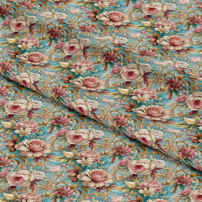 A close-up of folded fabric featuring a floral pattern with pink and white roses, green leaves, and gold vines on a light blue background.