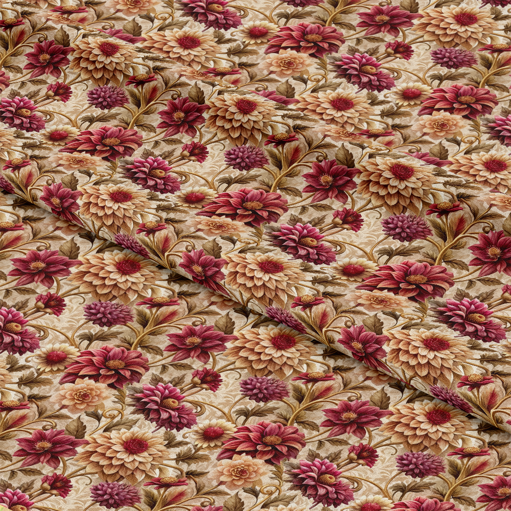 A close-up view of fabric with a detailed floral pattern in shades of pink, cream, and burgundy, featuring large flowers and green leaves on a beige background. The fabric appears slightly folded.