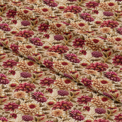 A close-up view of fabric with a detailed floral pattern in shades of pink, cream, and burgundy, featuring large flowers and green leaves on a beige background. The fabric appears slightly folded.