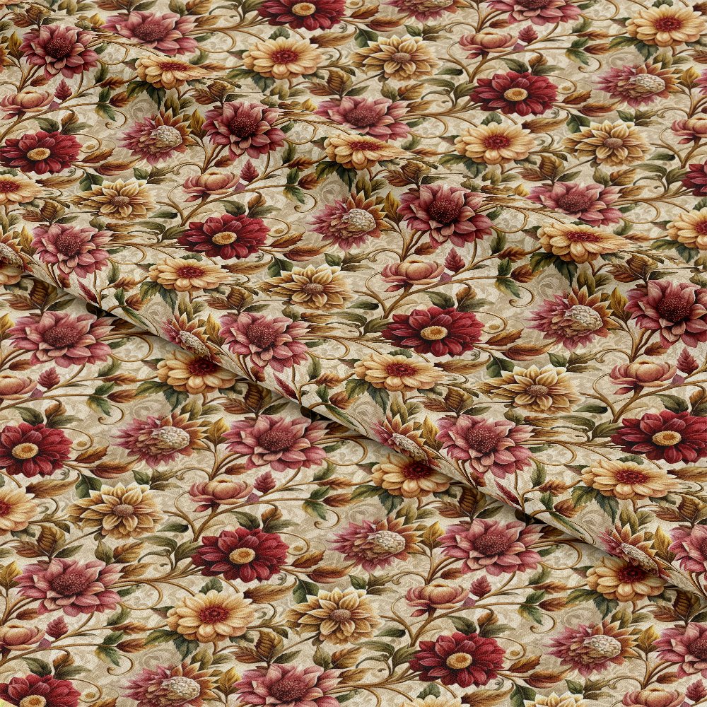 Fabric with a dense, vintage floral pattern in shades of red, yellow, and green on a beige background. The material has visible folds, adding texture and shadow to the intricate flower design.