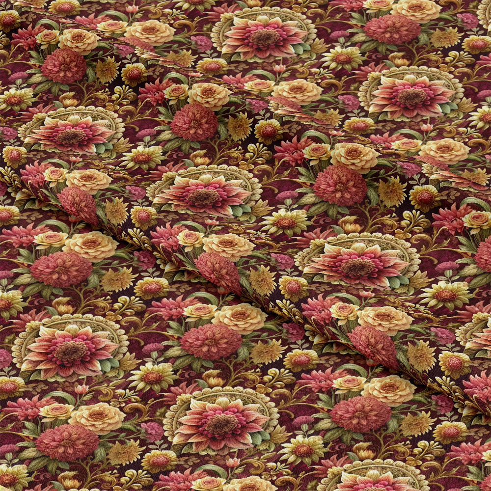 Folded fabric with a dense floral pattern featuring large chrysanthemums, roses, and small yellow flowers on a dark red background, creating a richly detailed and vintage-inspired design.