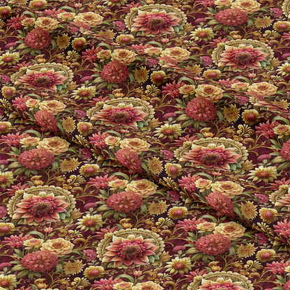 Folded fabric with a dense floral pattern featuring large chrysanthemums, roses, and small yellow flowers on a dark red background, creating a richly detailed and vintage-inspired design.