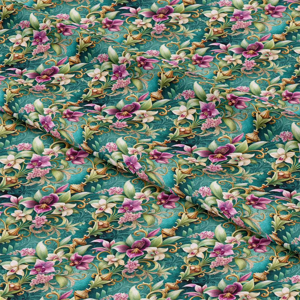 Folded fabric with an intricate floral pattern featuring pink, white, and purple flowers, green leaves, and gold scroll details on a teal background. The fabric surface shows visible folds and shadows.