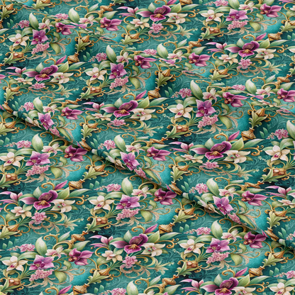 Folded fabric with an intricate floral pattern featuring pink, white, and purple flowers, green leaves, and gold scroll details on a teal background. The fabric surface shows visible folds and shadows.