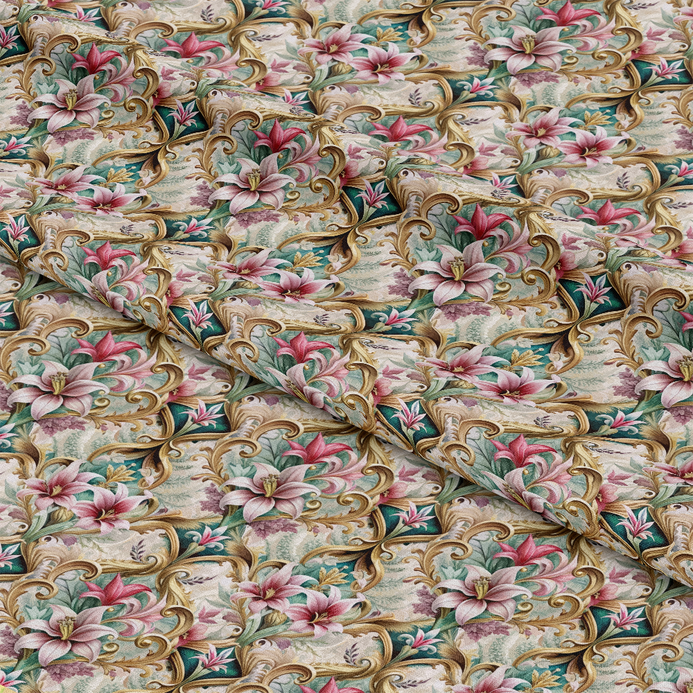 A patterned fabric featuring pink lilies and green leaves with gold decorative scrollwork, arranged in a repeating design. The fabric is slightly folded, creating soft shadows and texture.