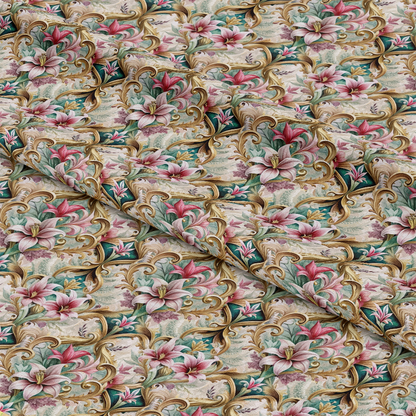 A patterned fabric featuring pink lilies and green leaves with gold decorative scrollwork, arranged in a repeating design. The fabric is slightly folded, creating soft shadows and texture.
