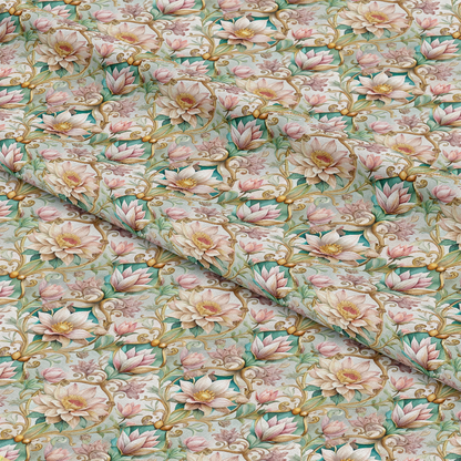 A folded piece of fabric with an ornate floral pattern featuring pink and cream flowers, green leaves, and gold accents on a light background. The fabric is shown in a close-up view with visible folds.