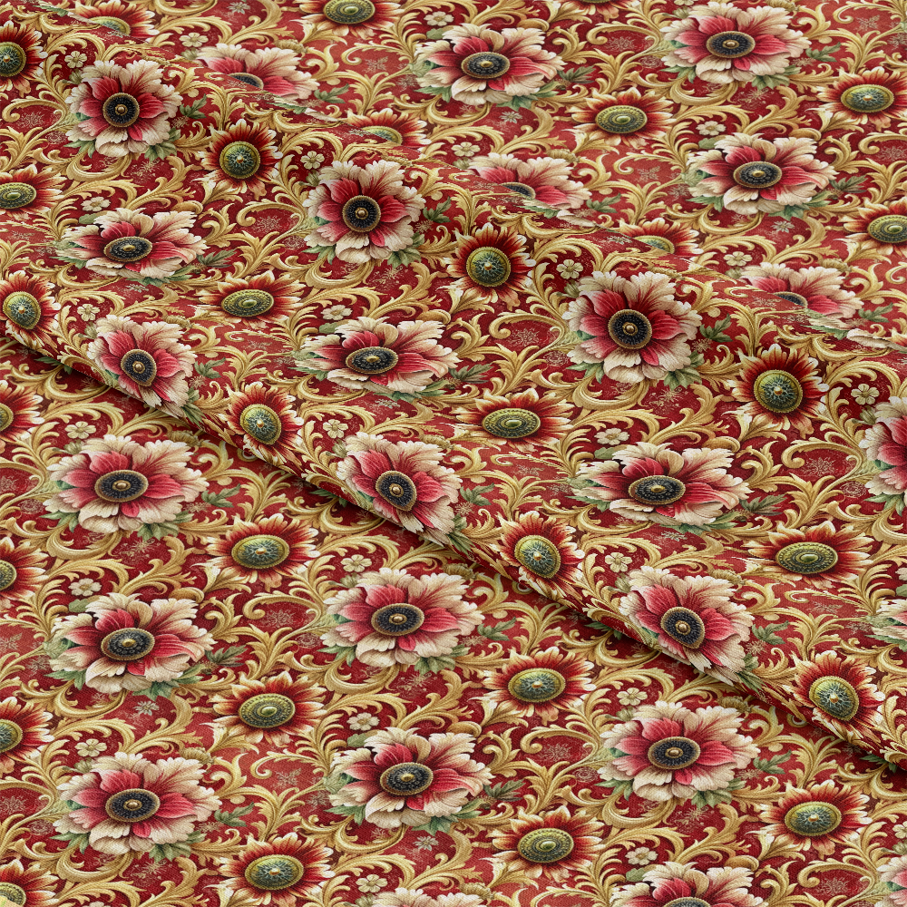 A piece of fabric featuring a repeating floral pattern in shades of red, green, gold, and cream on a red background. The fabric is slightly folded, creating visible creases and texture.