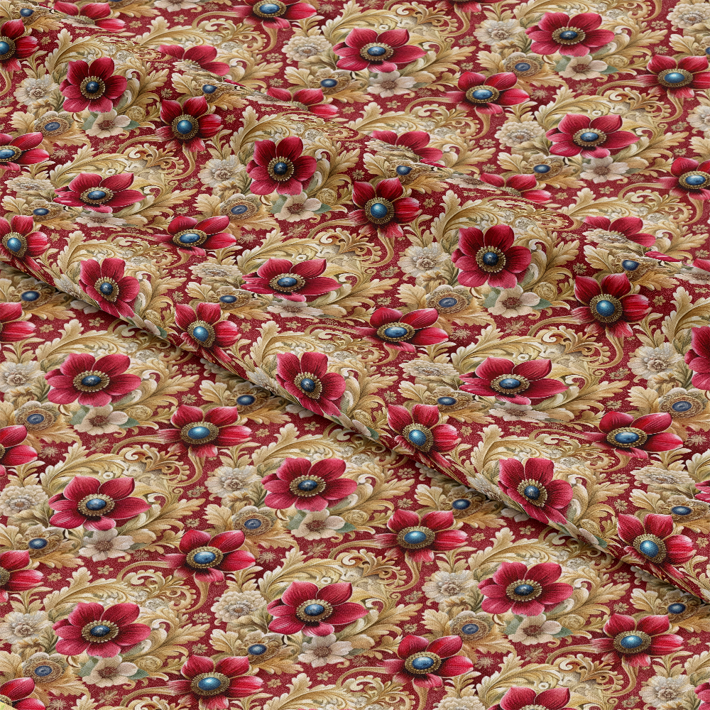 Fabric with a repeating floral pattern featuring red, gold, and beige flowers with blue centers, set against a red background. The fabric is slightly folded, showing the continuity of the design.